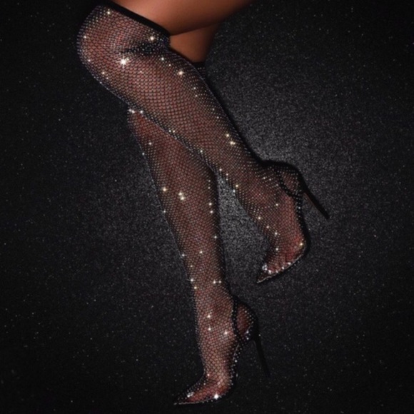 Embellished Fishnet Thigh Hi Boots - Picture 3 of 16